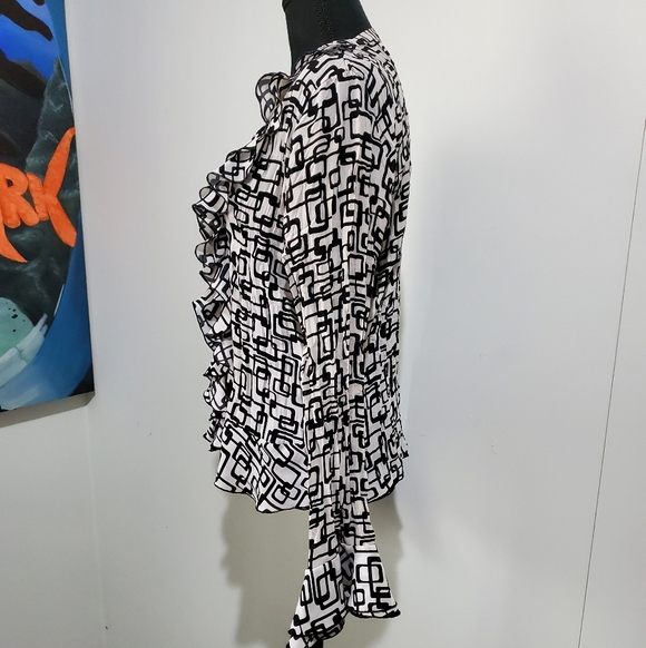 Allison Taylor Ruffle Blouse Women Black White Geometric Print V-Neck Career Off - Picture 6 of 9